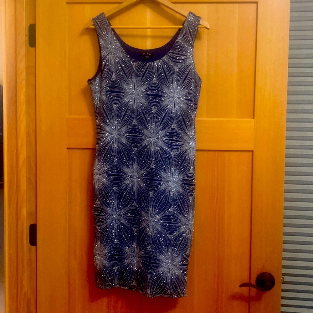 Blu Sage Navy Blue/Silver sparkle stretch sheath Dress and sheer jacket.